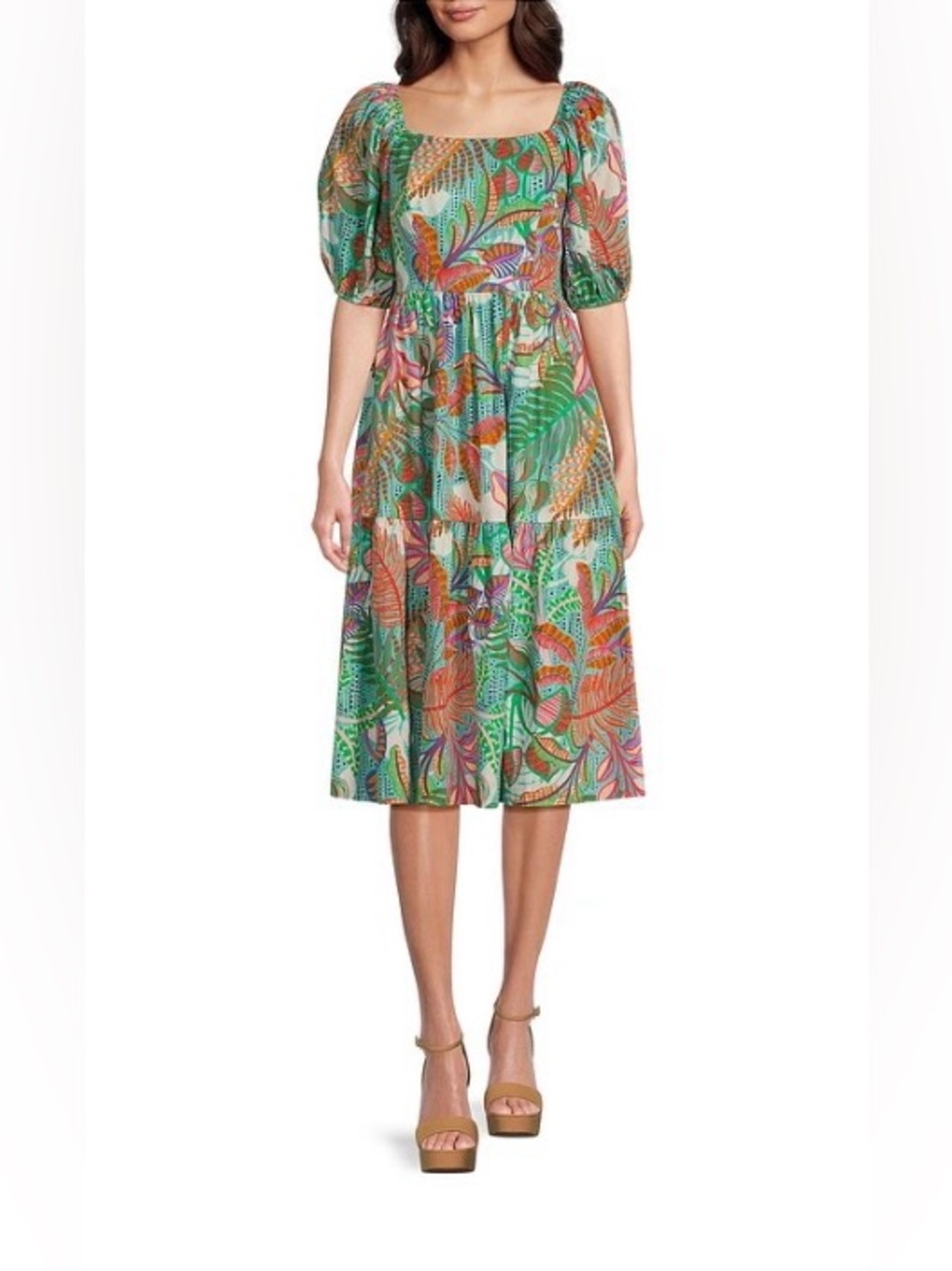 Nwot Vince Camuto Floral Puff-Sleeve tropical Midi Dress Sz 10